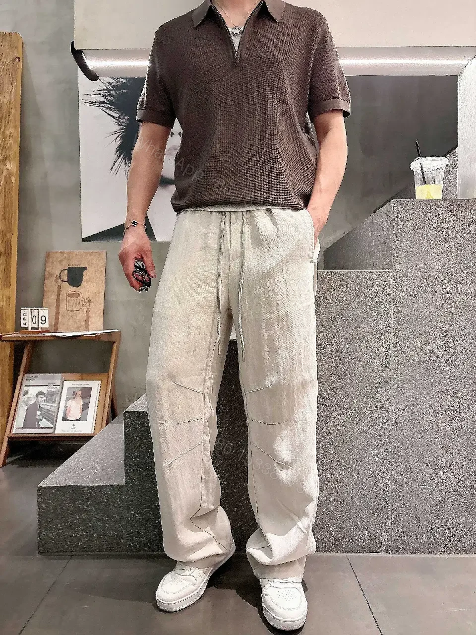 View 10 of Light Beige/Off-White Cargo Pants with Drawstring Waist, Relaxed Fit