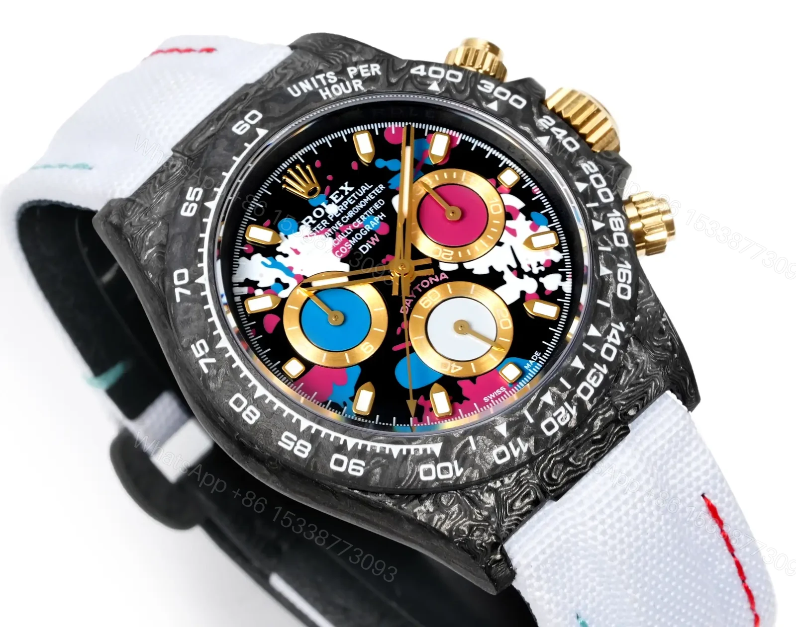 View 3 of Best Rolex Daytona Carbon Art Dial replica 40MM White Fabric Strap Edition RG-DAYTONA-CARBON-ART-WHITE-STRAP-40