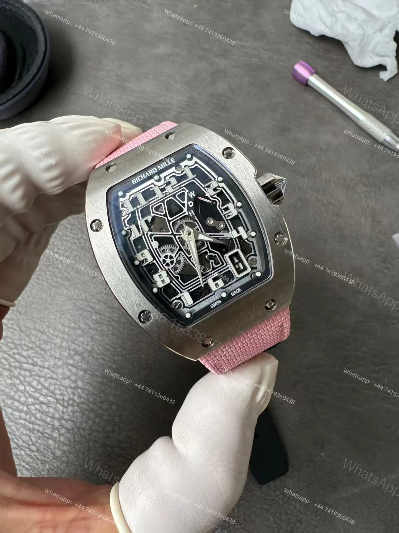 View 9 of Super Clone Richard Mille RM 67-01 Titanium Skeleton Pink Velcro Strap