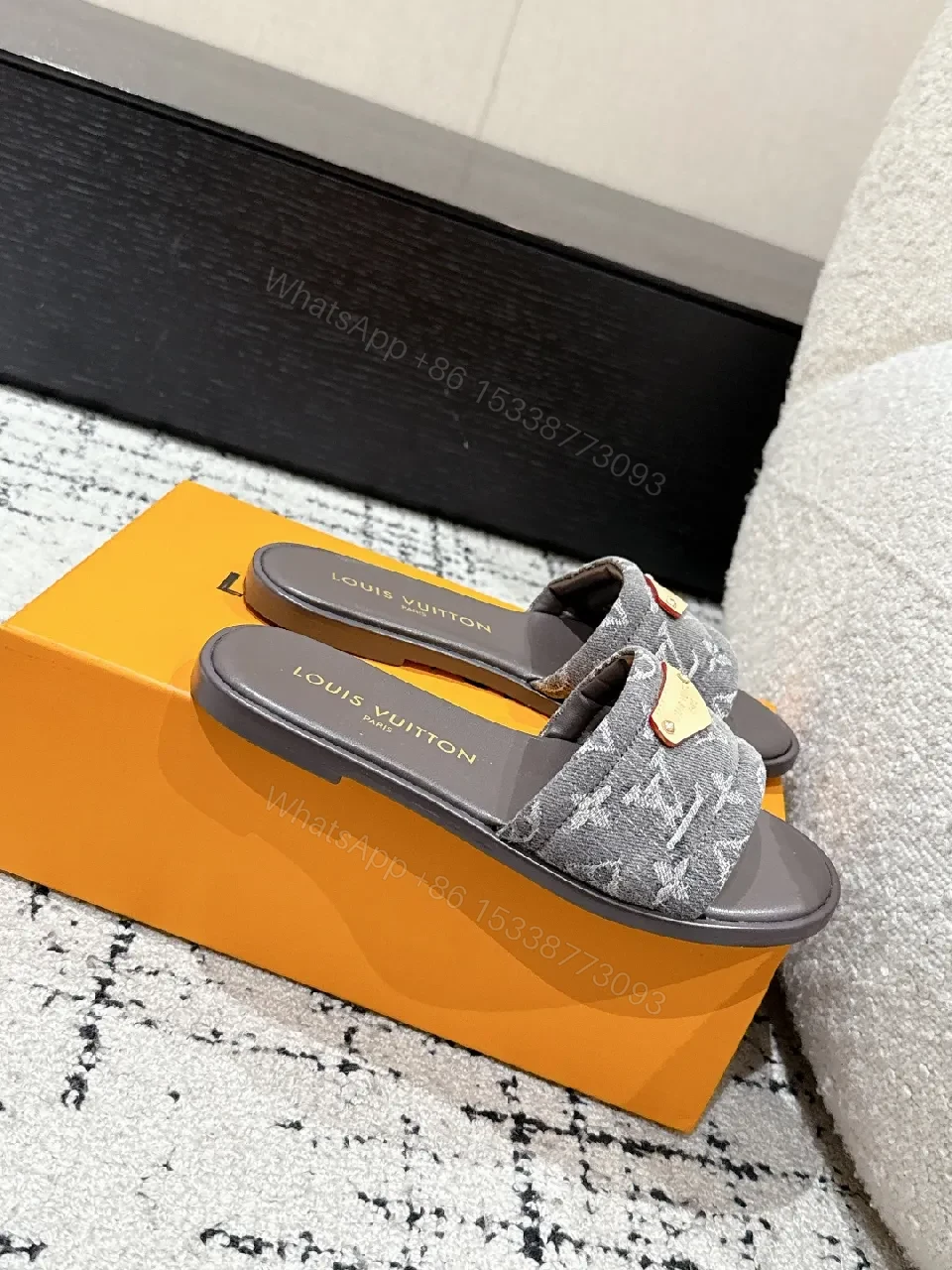 View 4 of Monogram Textile Slides: Gold Accent, Comfort Footbed, Luxury Slide