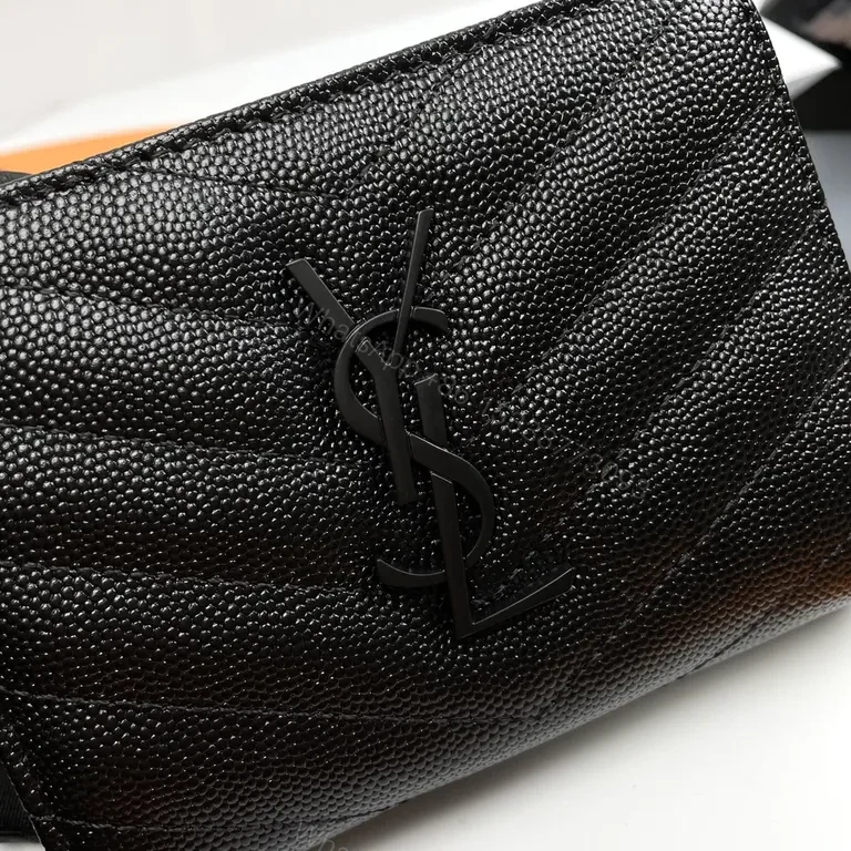 View 5 of Compact Luxe Wallet â€” Chevron Texture with YSL Hardware (Black)