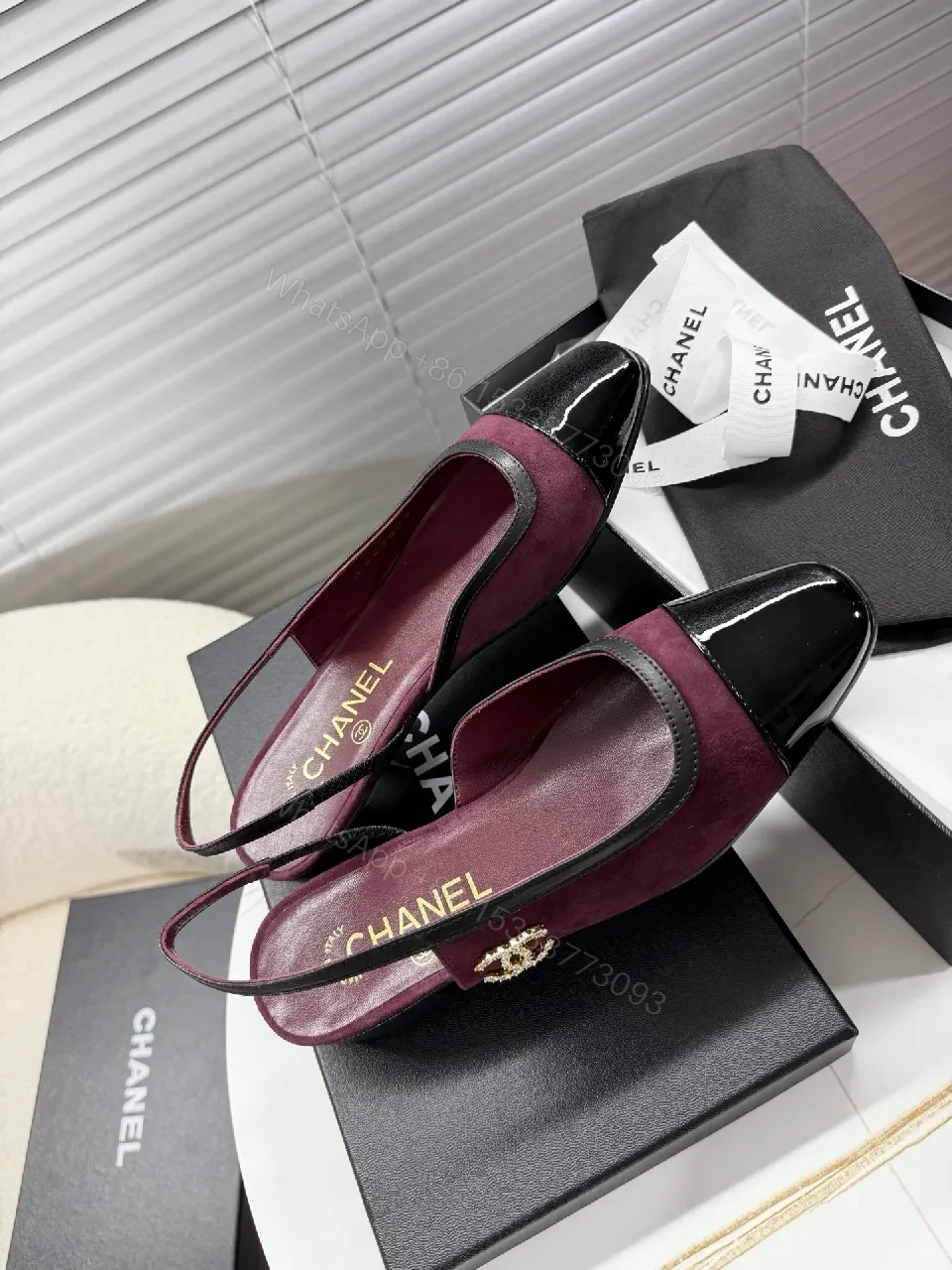 View 2 of Velvet Burgundy Slingback Mules with Patent Cap Toe