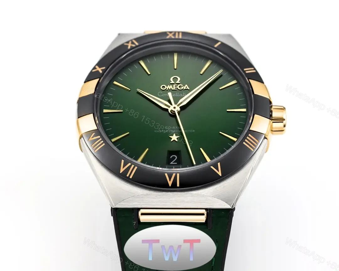 View 5 of Omega Constellation Meteorite Series 5th Generation Watch 41MM Green Dial with Gold Numerals Stainless Steel and Ceramic Case Green Leather Strap