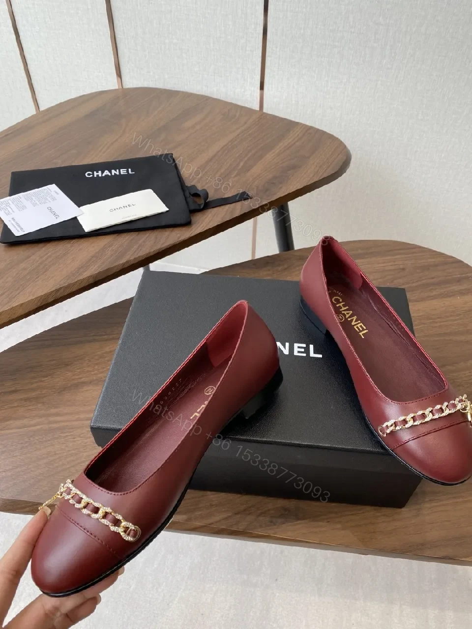 View 4 of Burgundy Leather Flats with Gold Chain Detail - Everyday Luxury