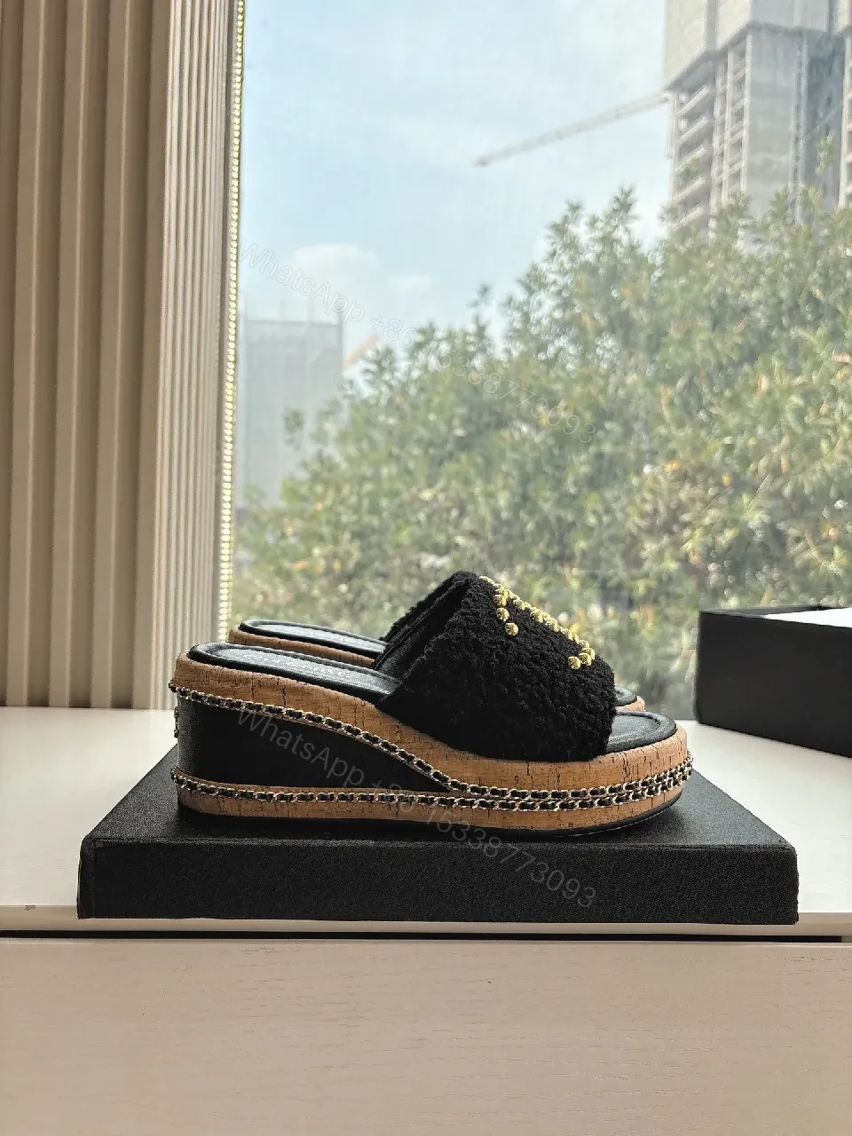 View 5 of Textured Black Sandals with Gold Bead Embellishment