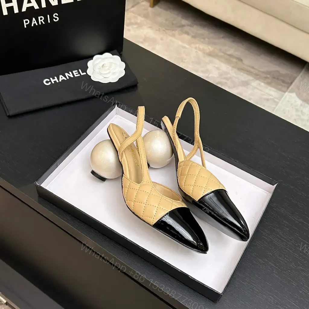 View 5 of Quilted Nude Slingback Pumps with Black Cap Toe and Spherical Heel