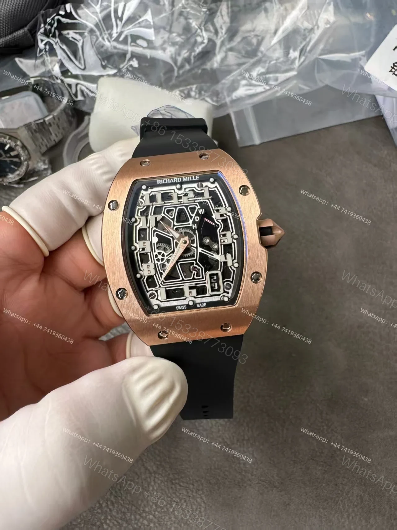 Super Clone Richard Mille RM 67-01 Rose Gold Skeleton Black Rubber Strap — view 1