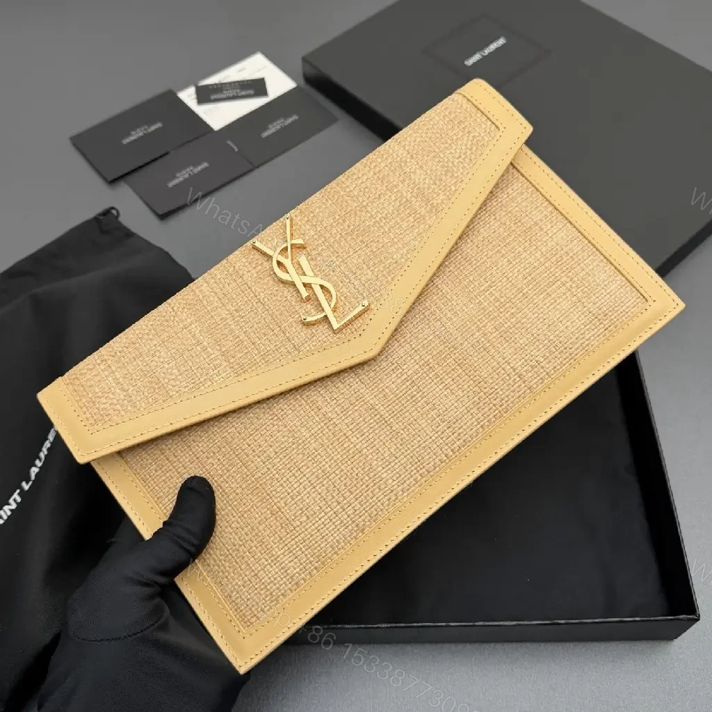 View 7 of Envelope-Woven Wallet on Chain: Luxe Textured Straw & Leather Trim
