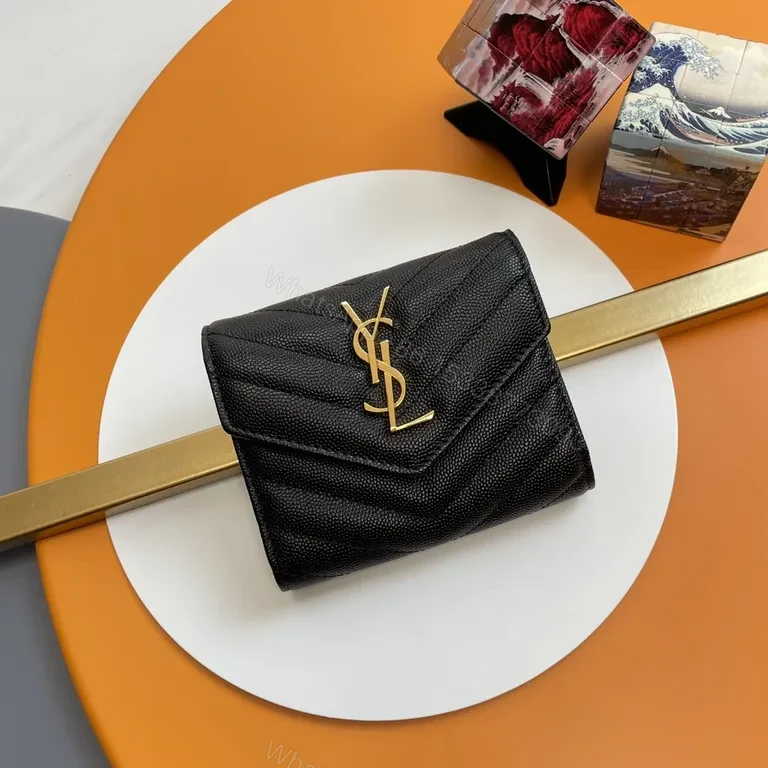 Compact Luxe Quilted Wallet: YSL Hardware, Textured Leather — view 1