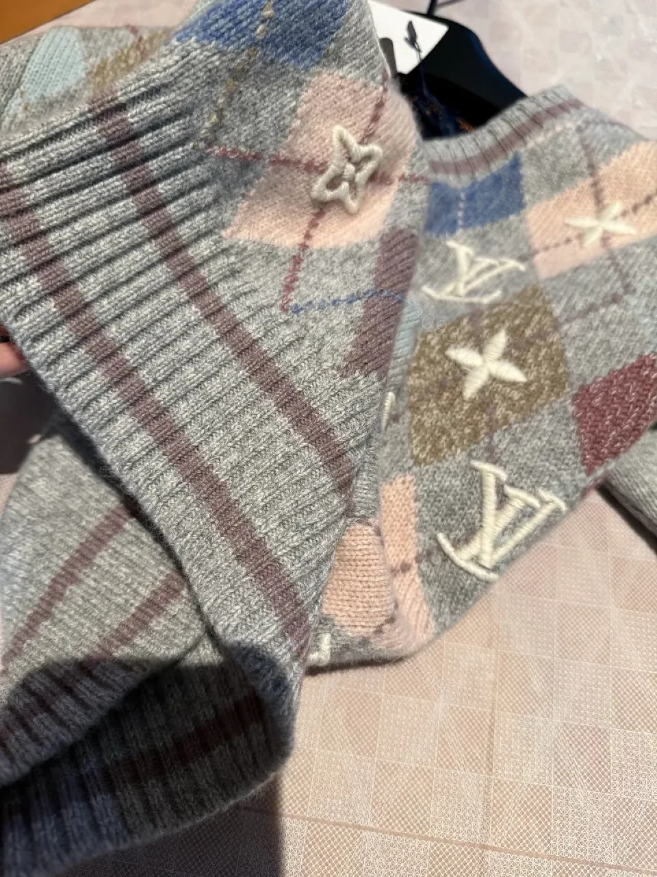 View 4 of Pastel Argyle Knit Sweater with Monogram Detailing