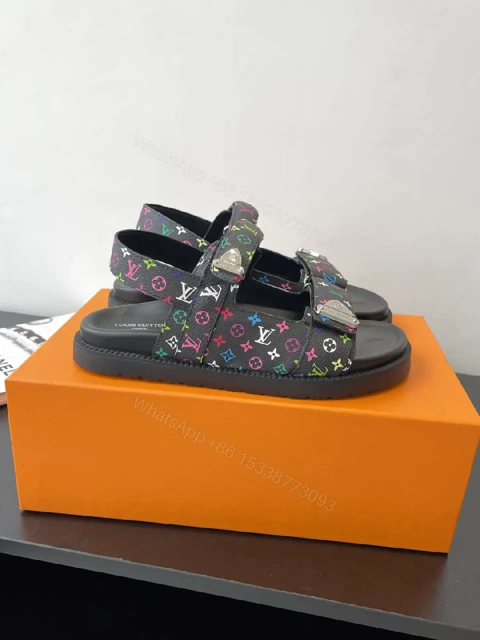 View 4 of Bold Patterned Strap Sandals with Rainbow Monogram Logo