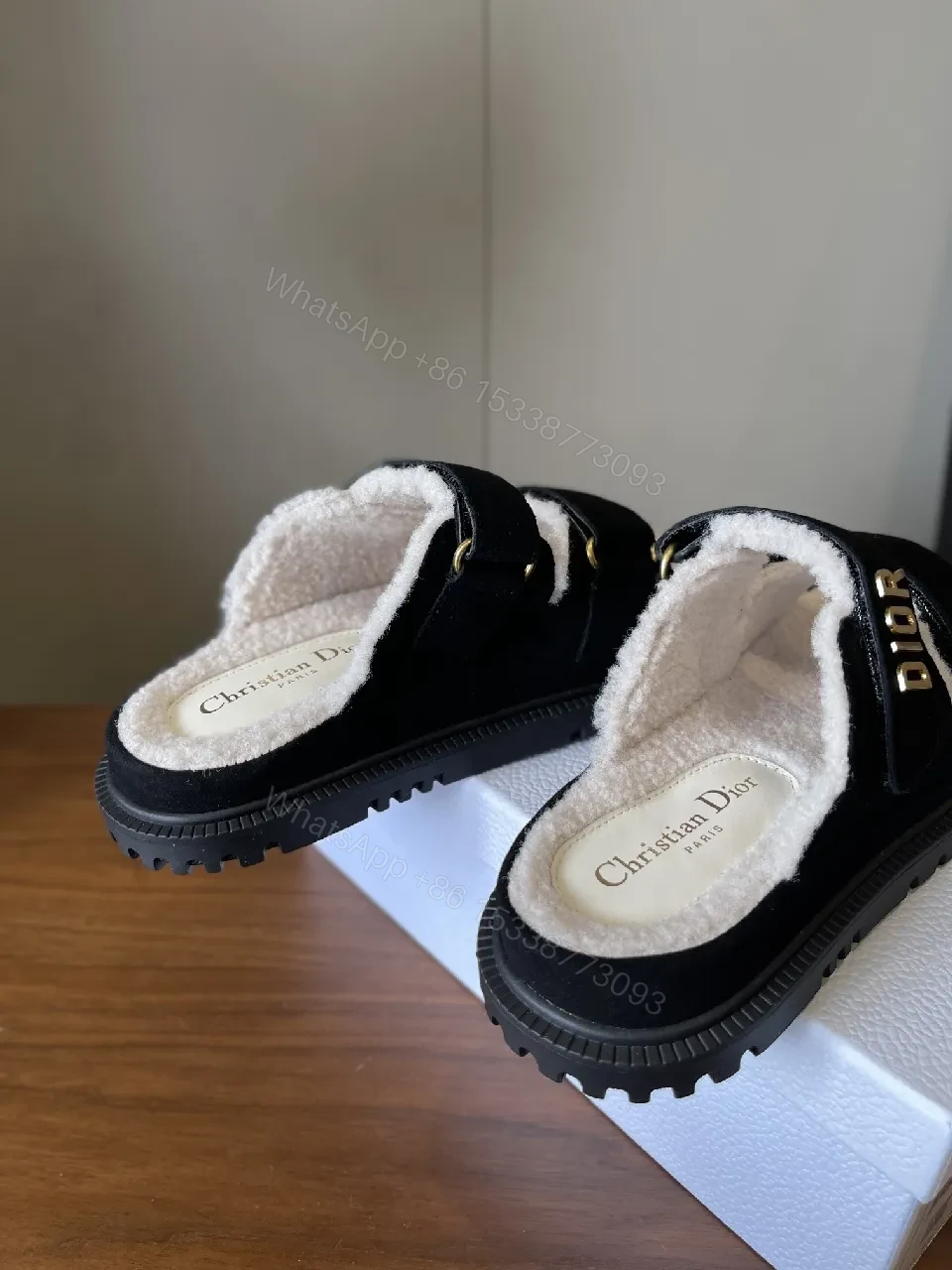 View 6 of Black/Sherpa-Textured Slides with Velcro Strap & Durable Outsole