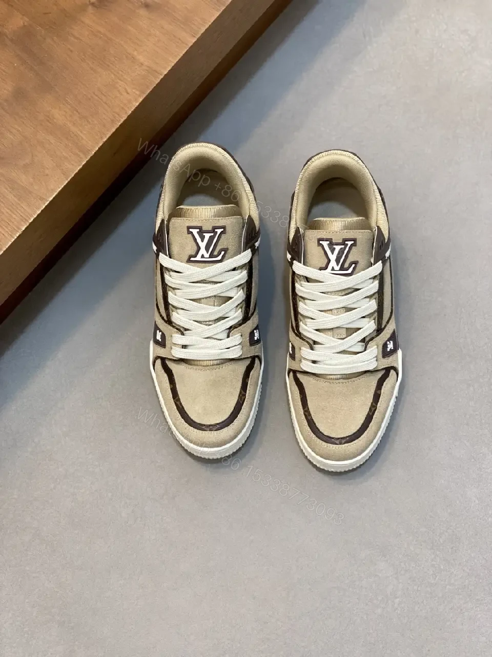 View 4 of Beige Canvas Louis Vuitton-Style Sneaker with Iconic Accents