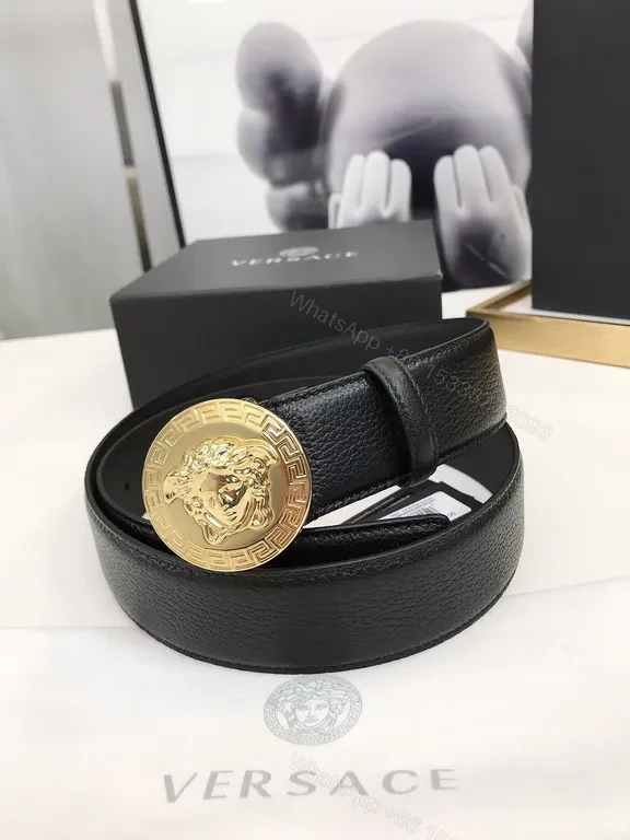 View 5 of Bold Versace-Style Leather Belt with Gold Medusa Buckle