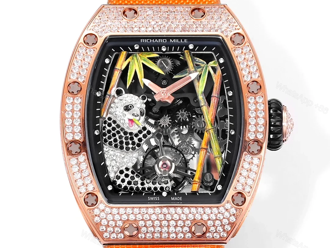 View 6 of Richard Mille RM26-01 Panda Tourbillon Watch Orange Strap Full Diamond Panda Art Dial 18K White Gold National Treasure Mechanical Edition RM26-01-PND-ORS