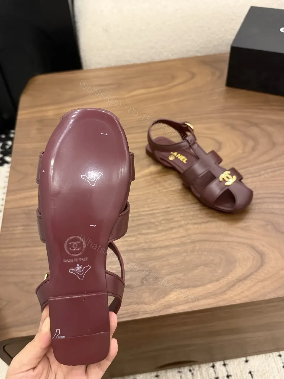 View 10 of Burgundy Leather Gladiator Sandals Gold Logo Chanel Style Sandals