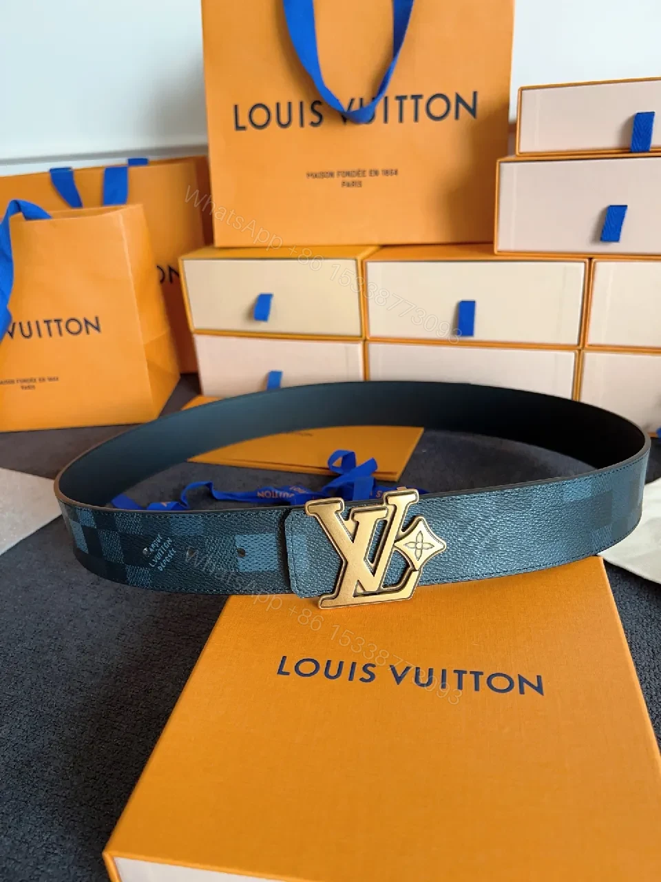 View 9 of Damier-Check Textured Belt with Bold LV Buckle