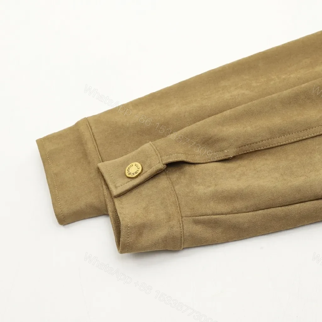 View 6 of Brown Suede Jacket with Shearling Collar & Monogram Panels - Luxe Streetwear Jacket