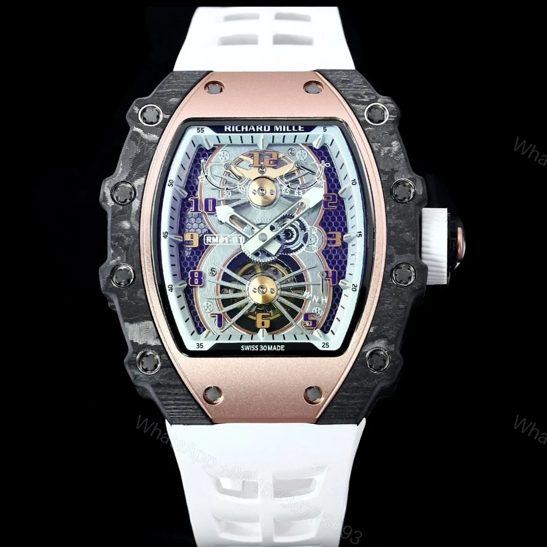 View 2 of Richard Mille RM21-01 Automatic Skeleton Watch 40MM Carbon Fiber Case White Strap Aerospace Structure 20 Keyway Screws Premium Edition RM-RM21-01-CF-WHT-SKL-40