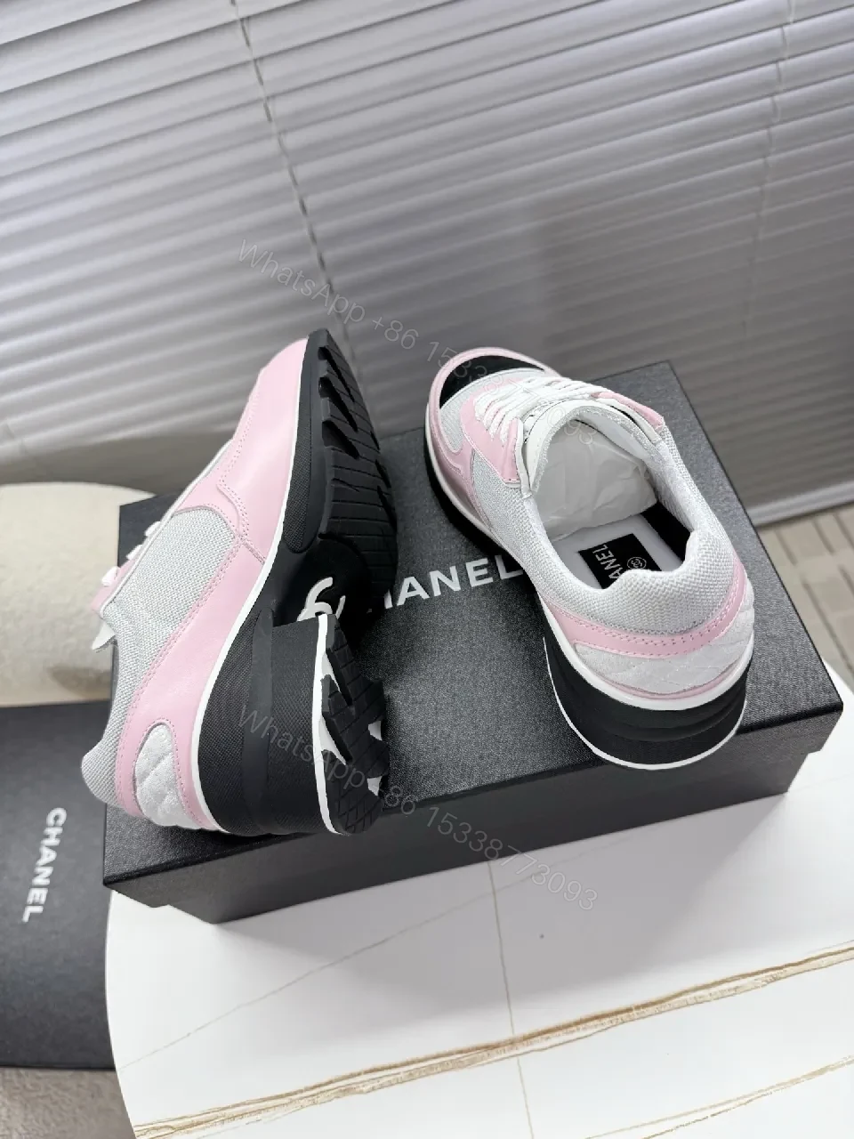 View 4 of Pastel Pink Suede-White Mesh Sneaker with Black-Toe Cap