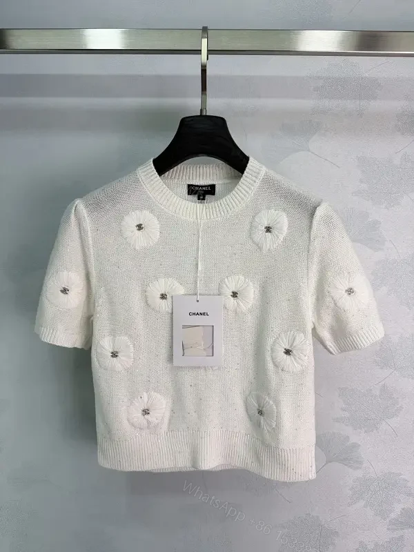 White Knit Polo Top with Daisy Floral Embellishments, Pullover — view 1