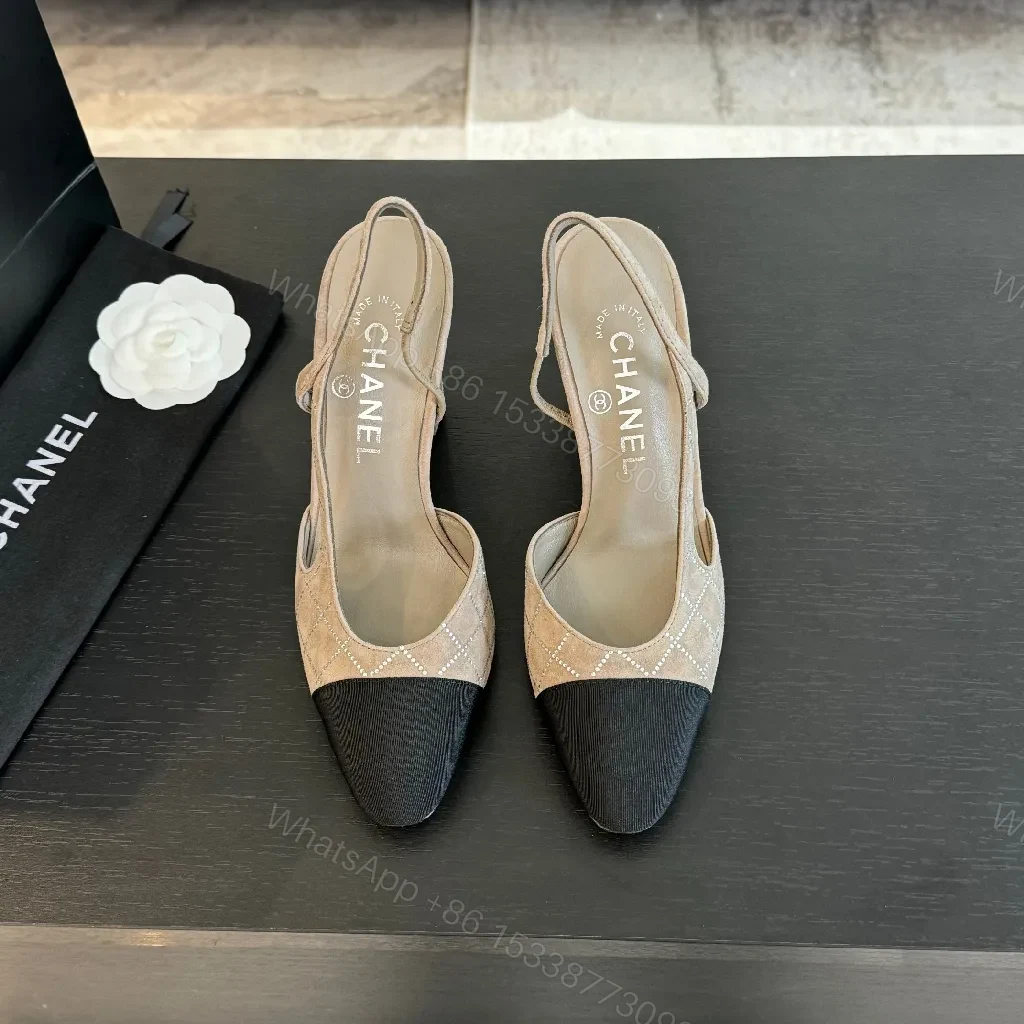 View 7 of Taupe Grid Textured Slingbacks with Black Cap Toe - Elegant Heels