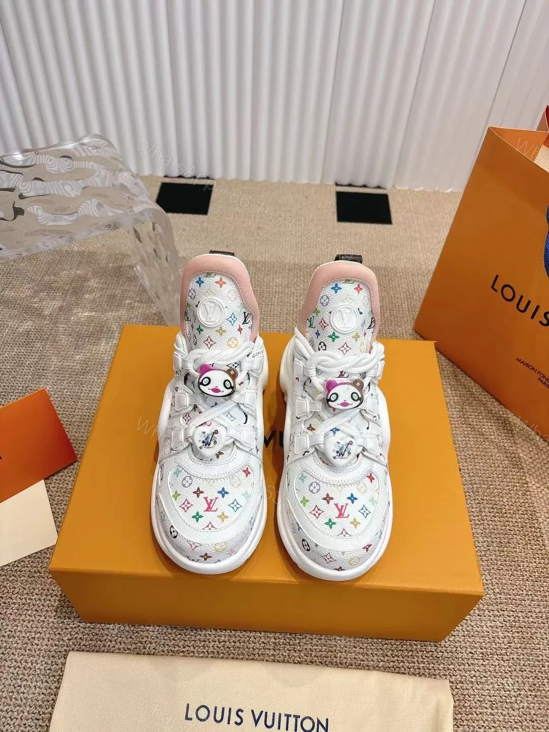 View 3 of LV Women White Leather Multicolor Logo Sneakers