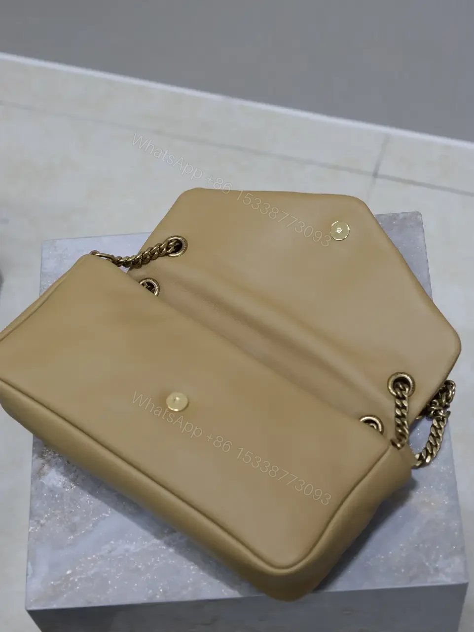 View 5 of Chic Taupe Calfskin Envelope Bag with Monogram Hardware