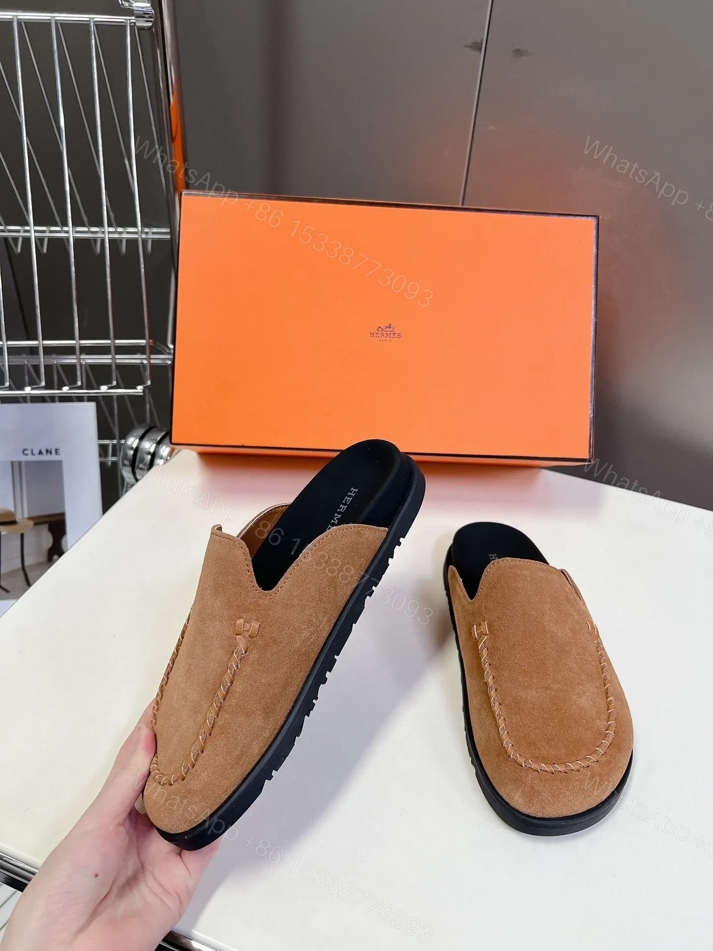 View 3 of Hermes Women Tan Suede Slippers