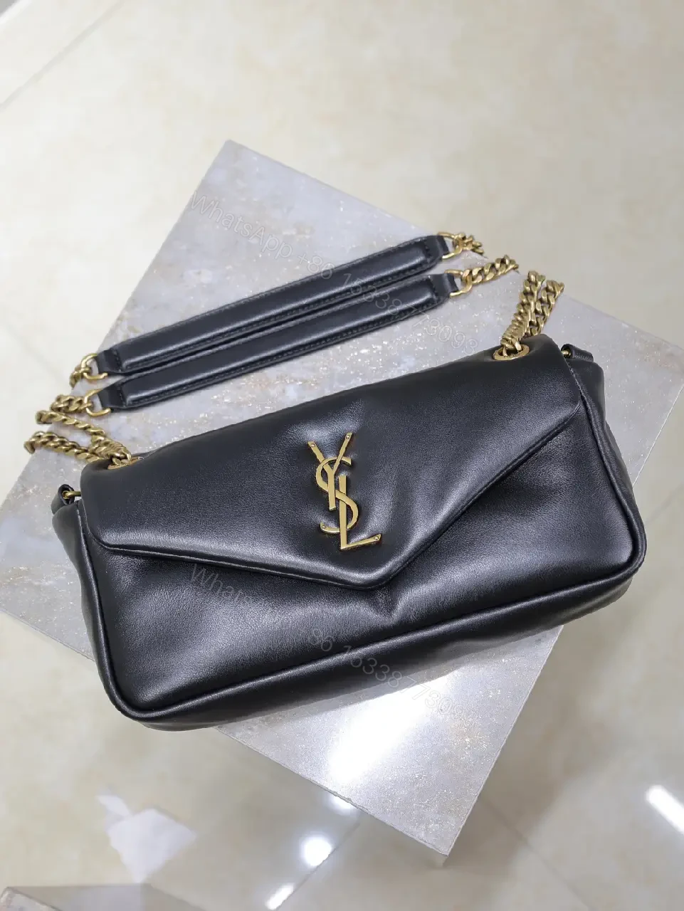 View 2 of Chic Black Leather Satchel with Gold Logo Hardware