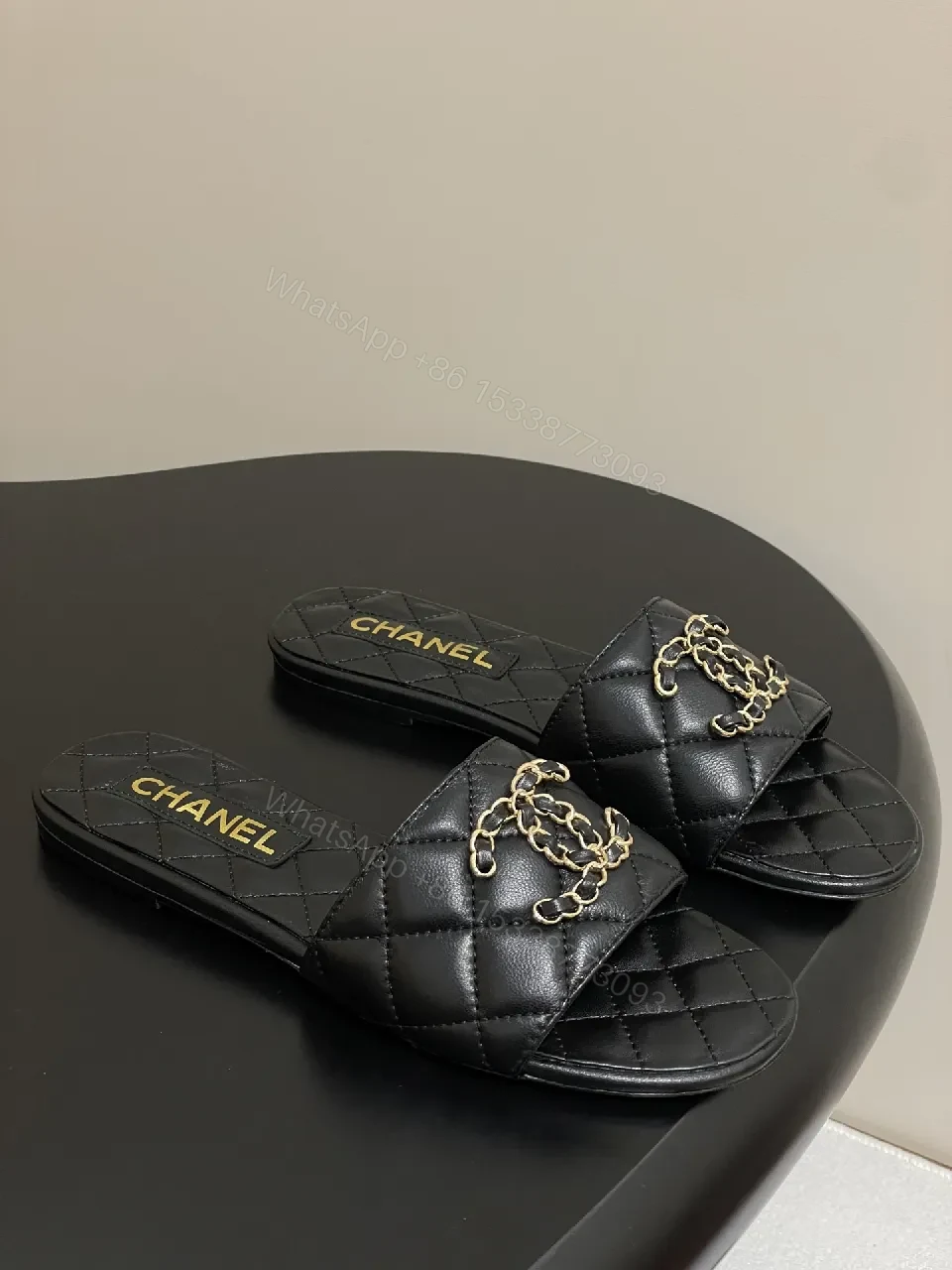 Quilted Leather Slides with Gold Chain Detail Luxury — view 1