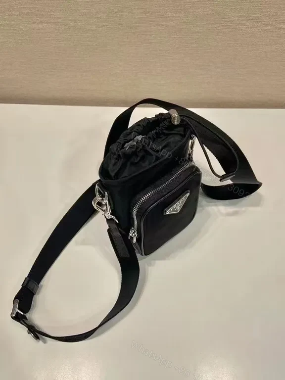 View 9 of Black Nylon Messenger Bag — Faux Prada Logo, Drawstring Closure, Adjustable Strap