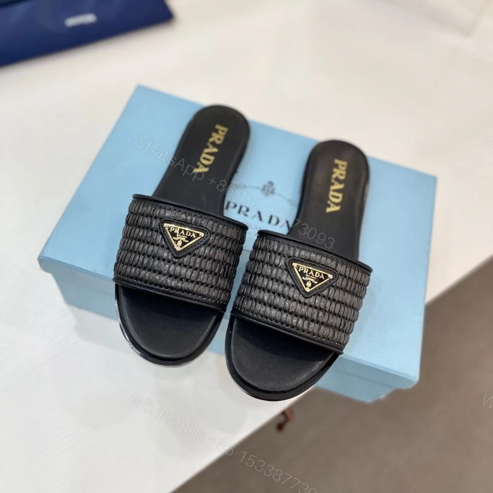 View 5 of Prada Leather Slides With Crochet Details Black