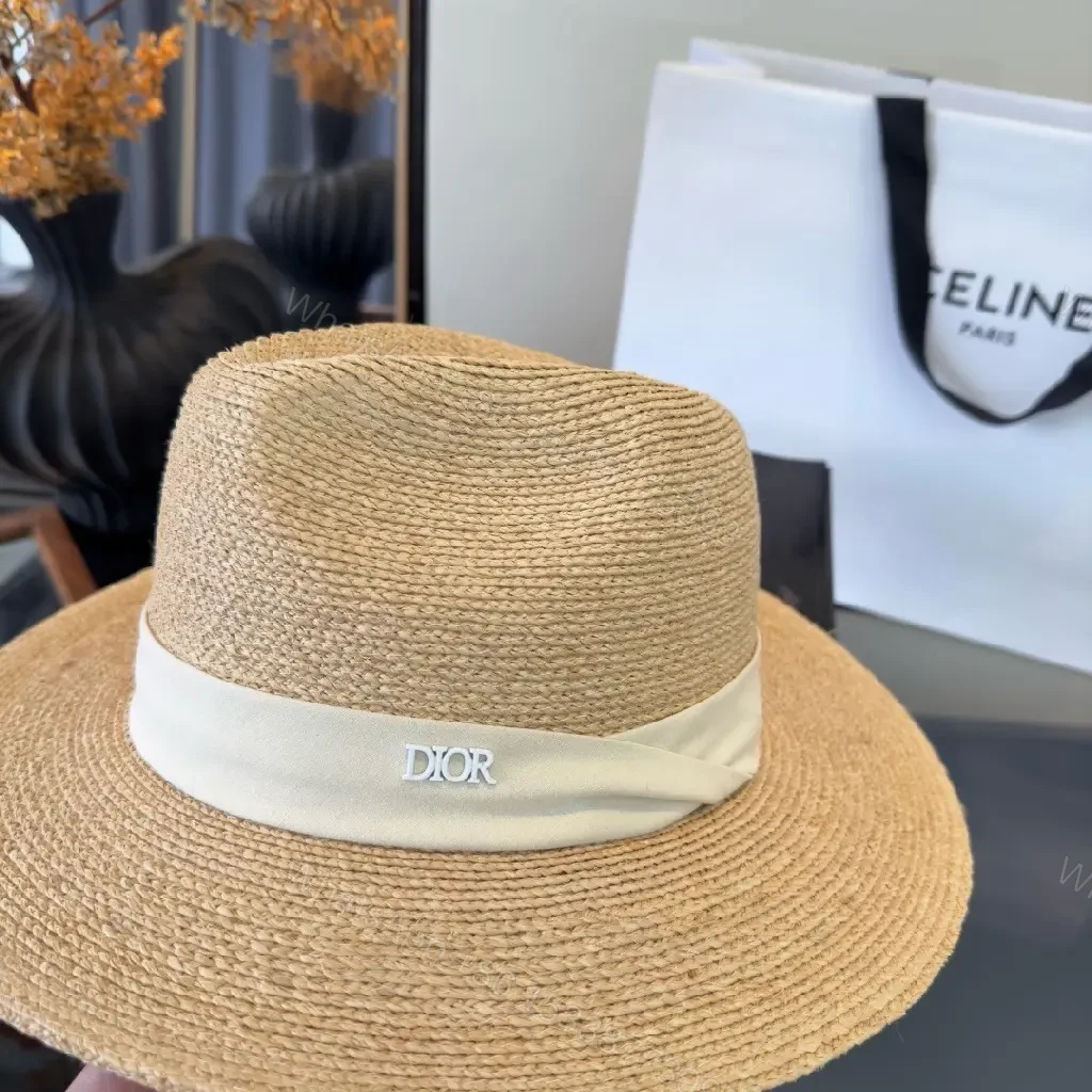 View 9 of Beige Straw Wide-Brim Hat Satin-Band Dior-Logo Crown