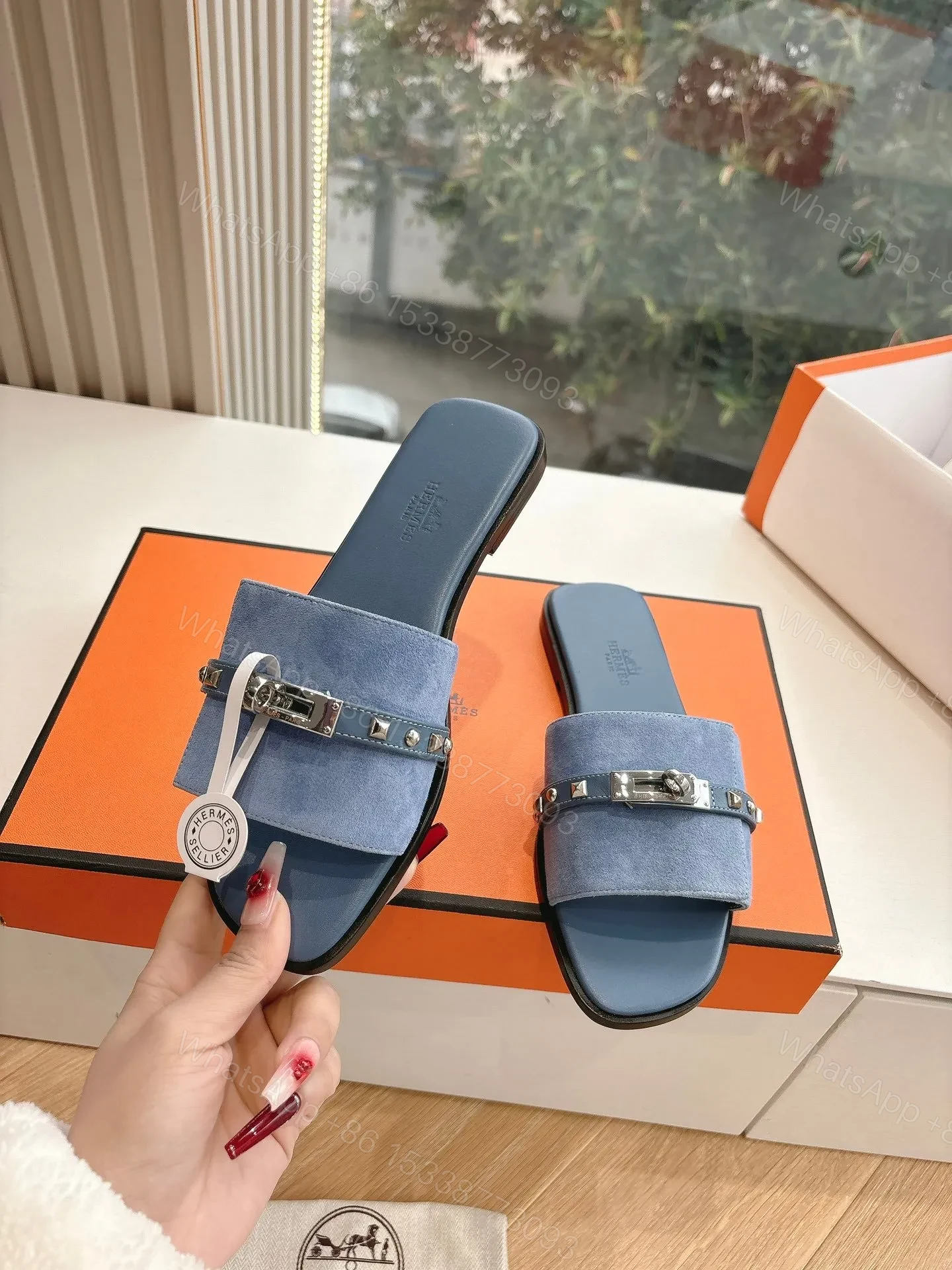 View 6 of Hermes Women Blue Suede Flat Slide Sandals