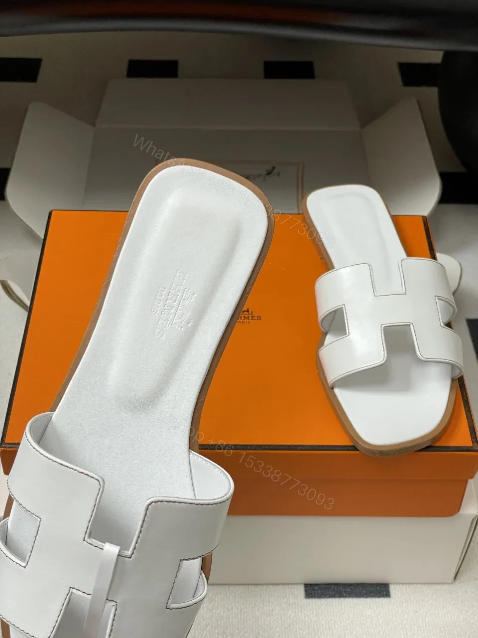 View 7 of White Leather Sandals, H-Cutout, Open-Toe, Comfortable Footbed