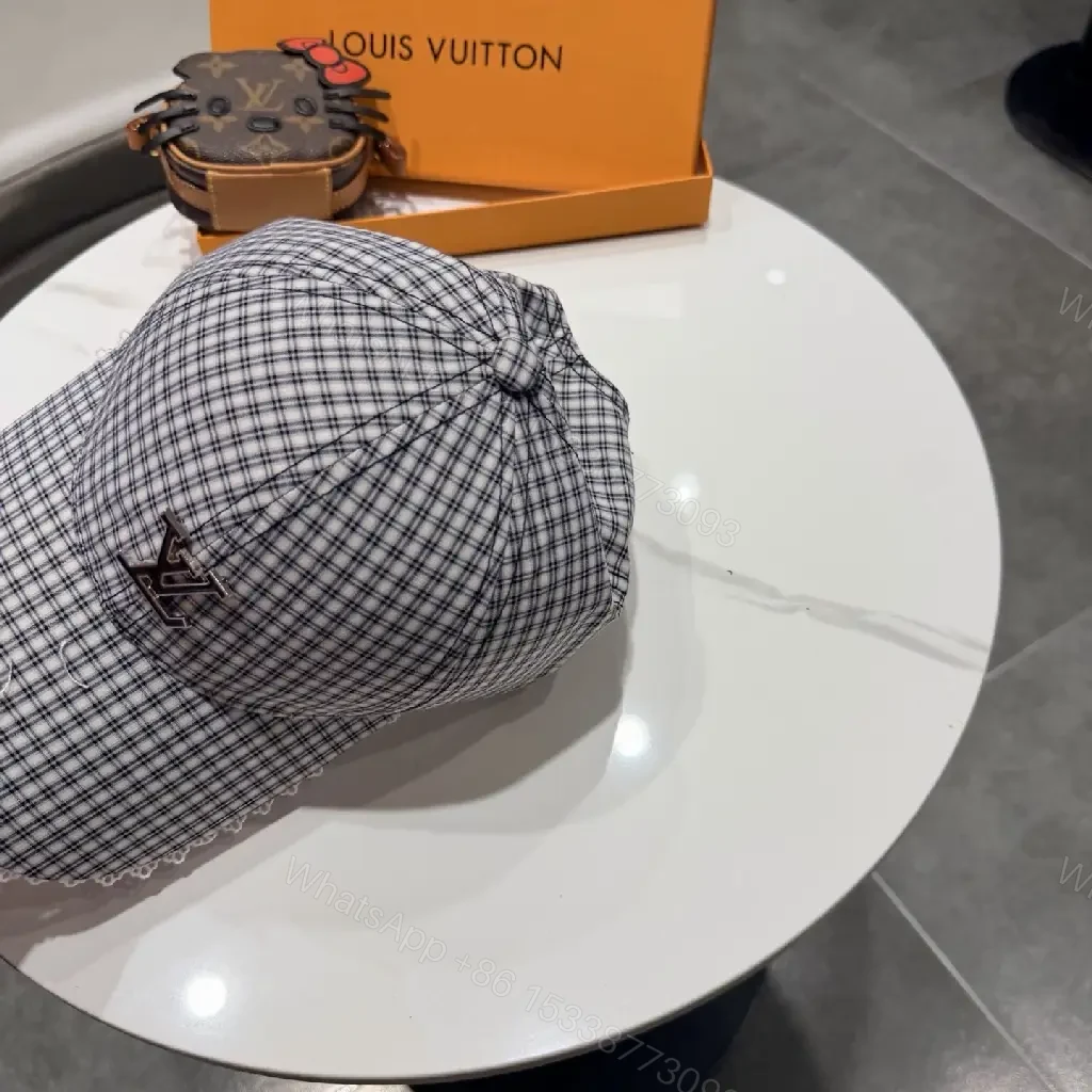 View 4 of Structured Plaid Cap with Subtle Monogram, Modern Textured Cap