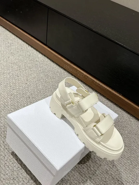 View 5 of Chunky White Leather Sandals with Gold Branding, Dior-Inspired