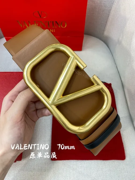 View 2 of Bold Gold Buckle Tan Leather Belt: Valentino Garavani 70mm