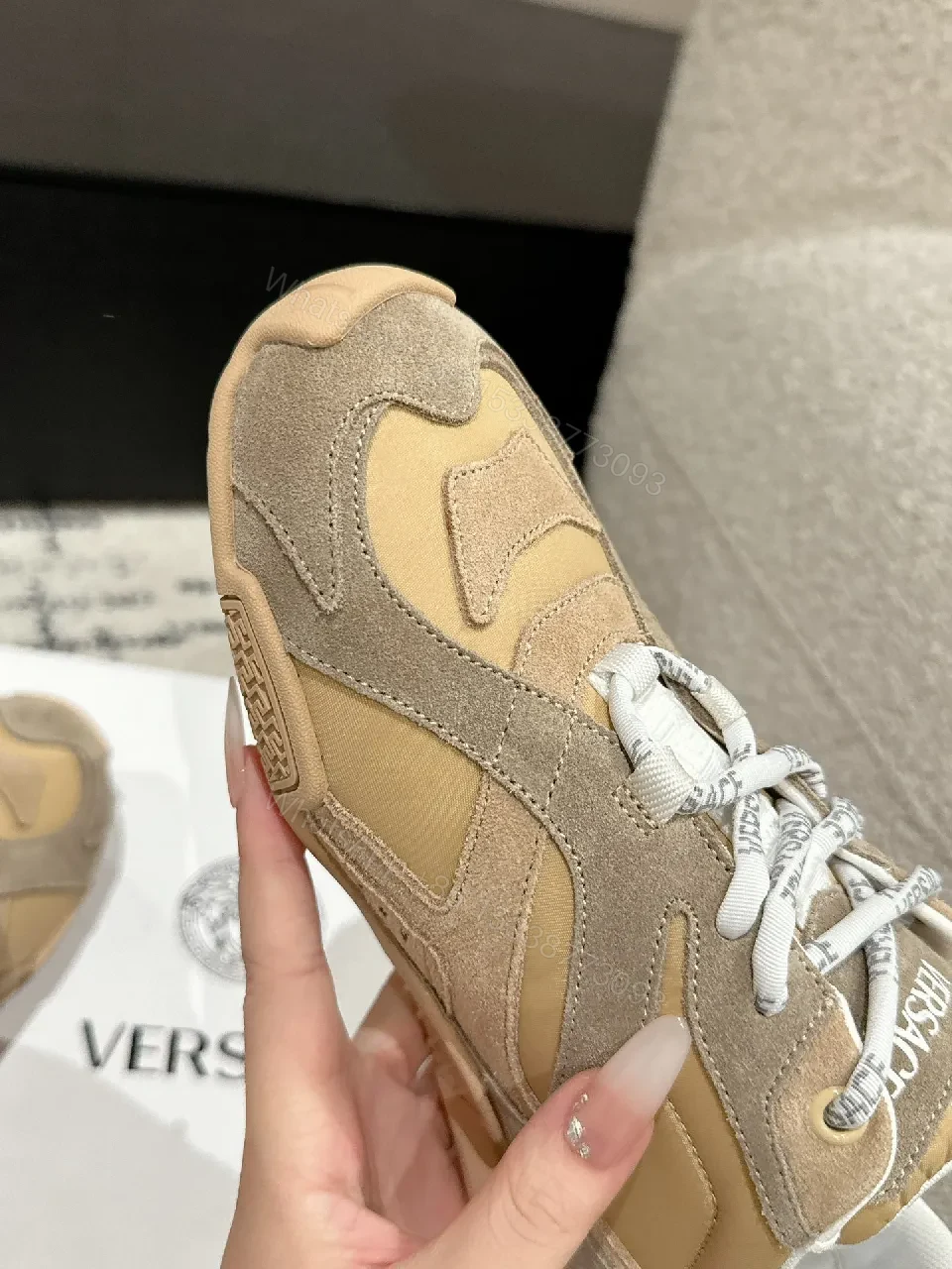 View 3 of Beige Suede-Mesh Low-Top Luxury Sneakers with Sculpted Details