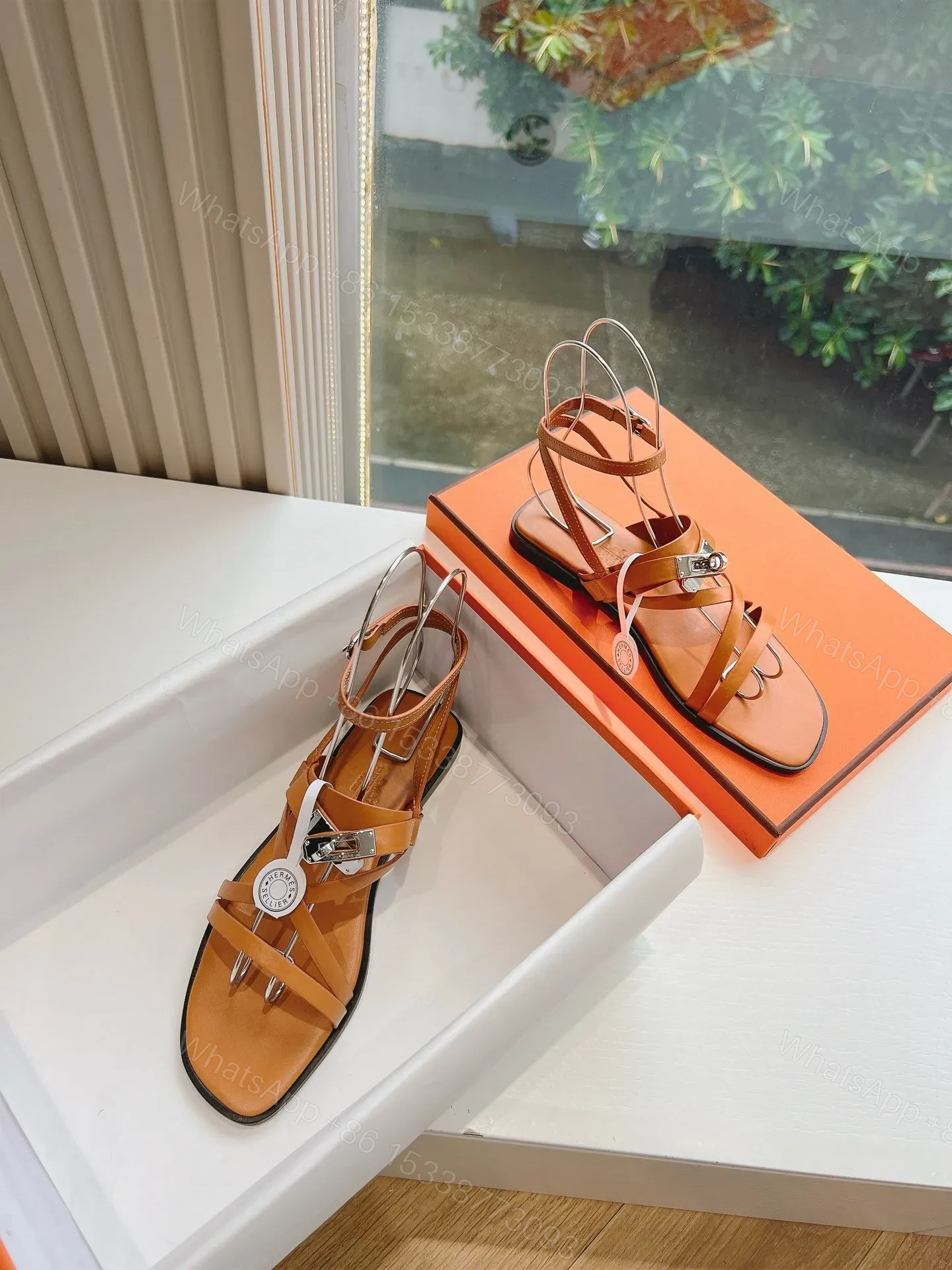 View 4 of Hermes Women Tan Leather Strappy Sandals
