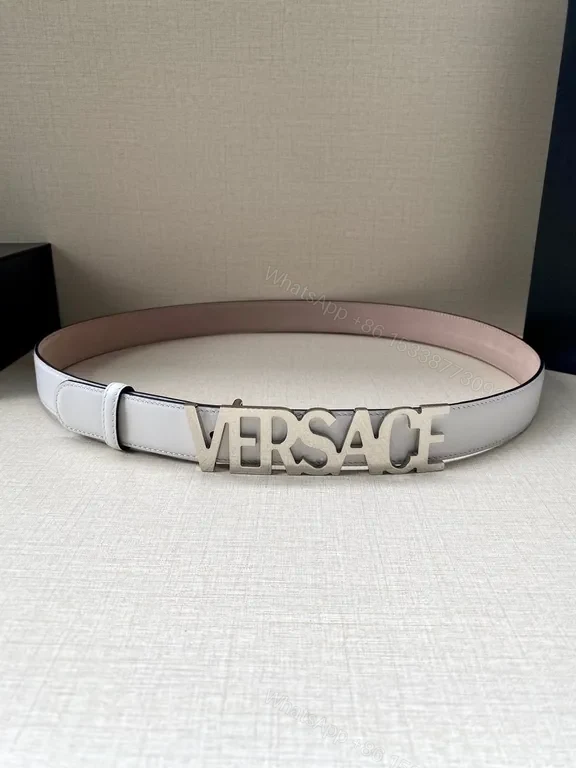 Versace Belt: Pink-Lined Gray Leather with Oversized Logo Buckle — view 1
