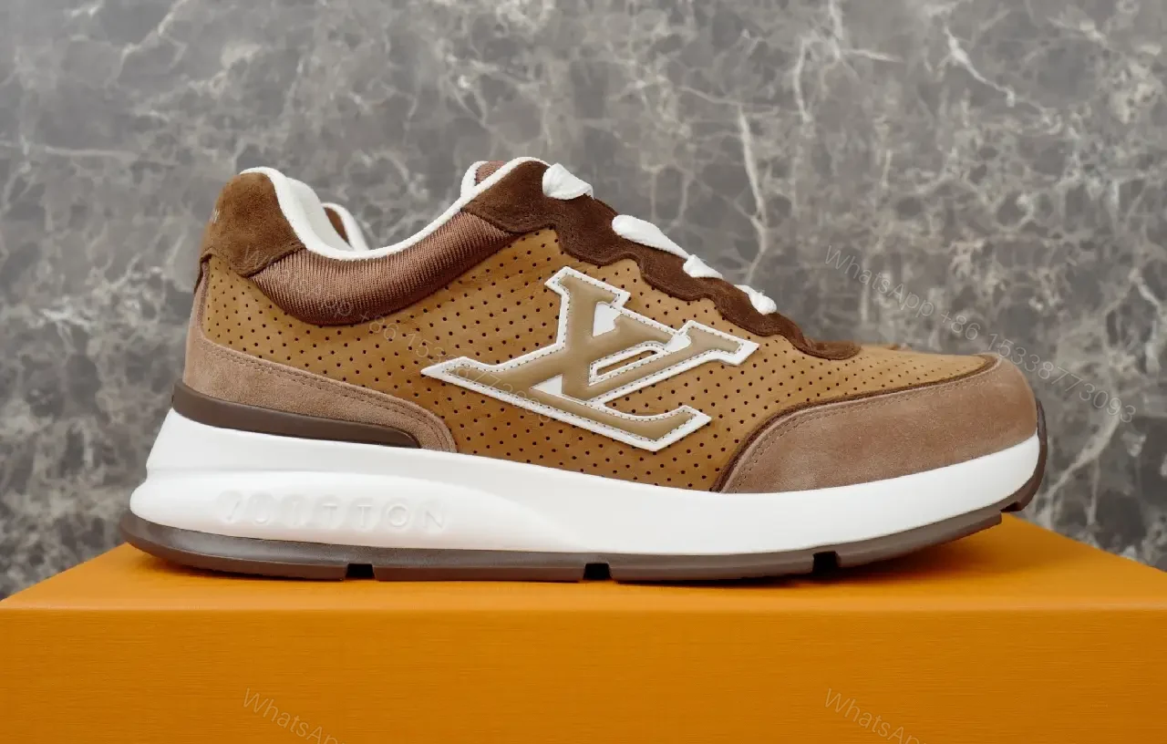 View 3 of Brown Leather Sneaker with LV Detailing - High-Top Comfort