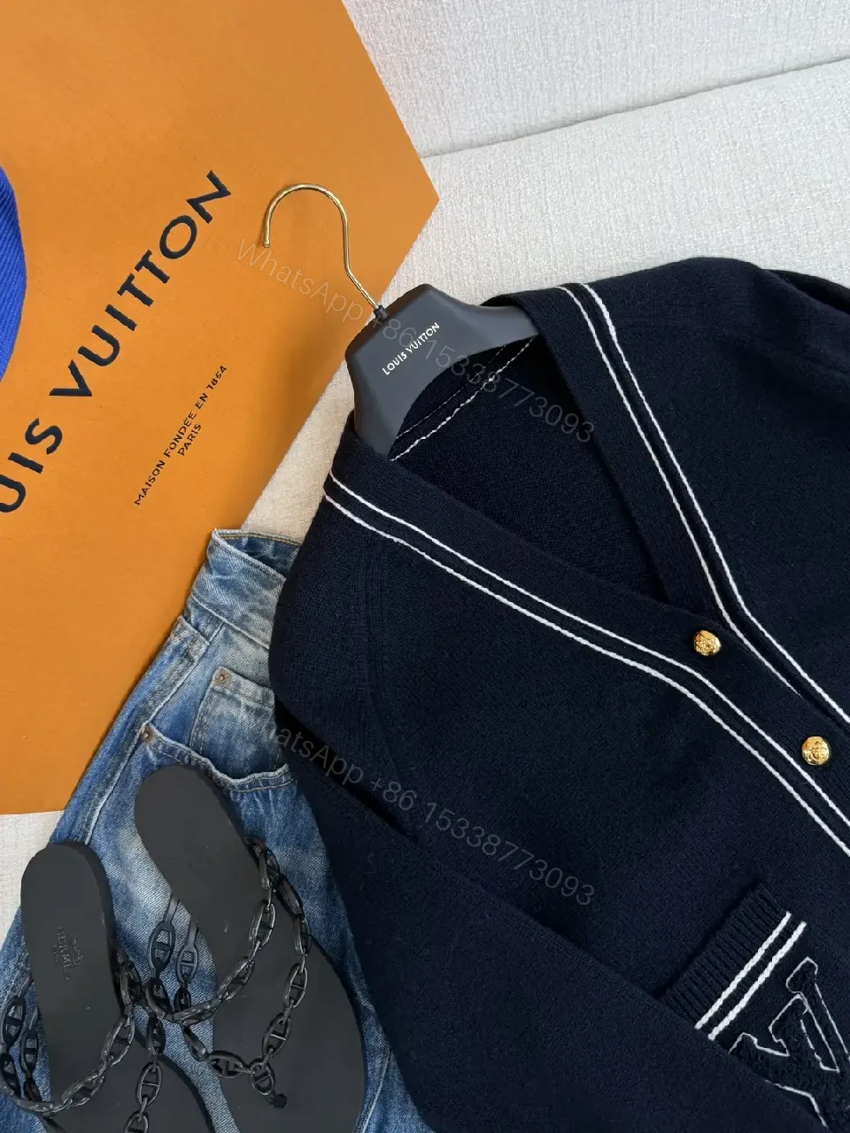 View 7 of Navy Knit Cardigan with White Trim and LV Piping