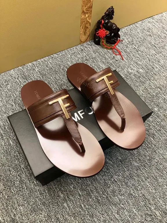 View 2 of Brown Leather T-Bar Sandal with Gold Hardware - Tom Ford Style