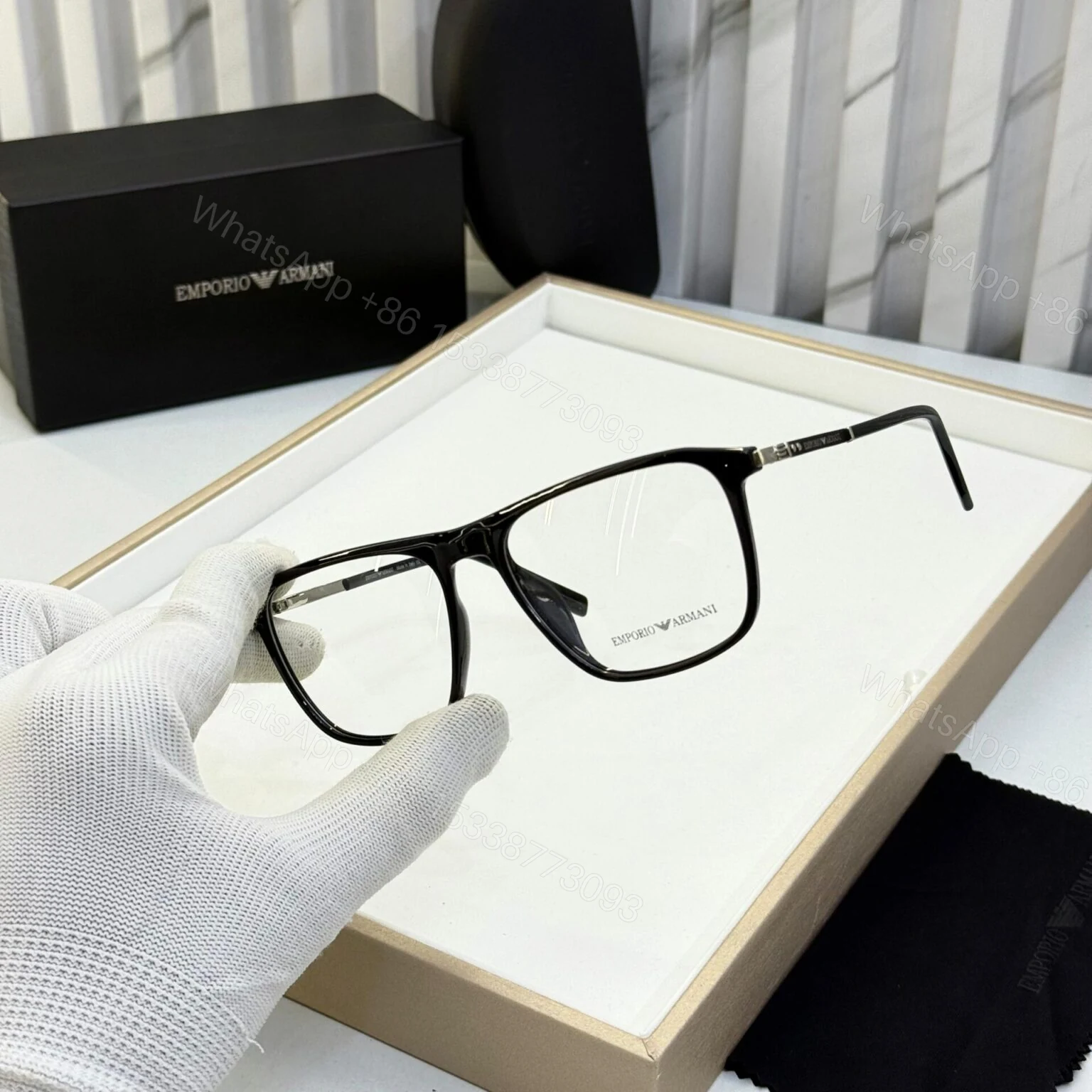 View 2 of Emporio Armani Rectangular Black Eyeglasses Silver Accents
