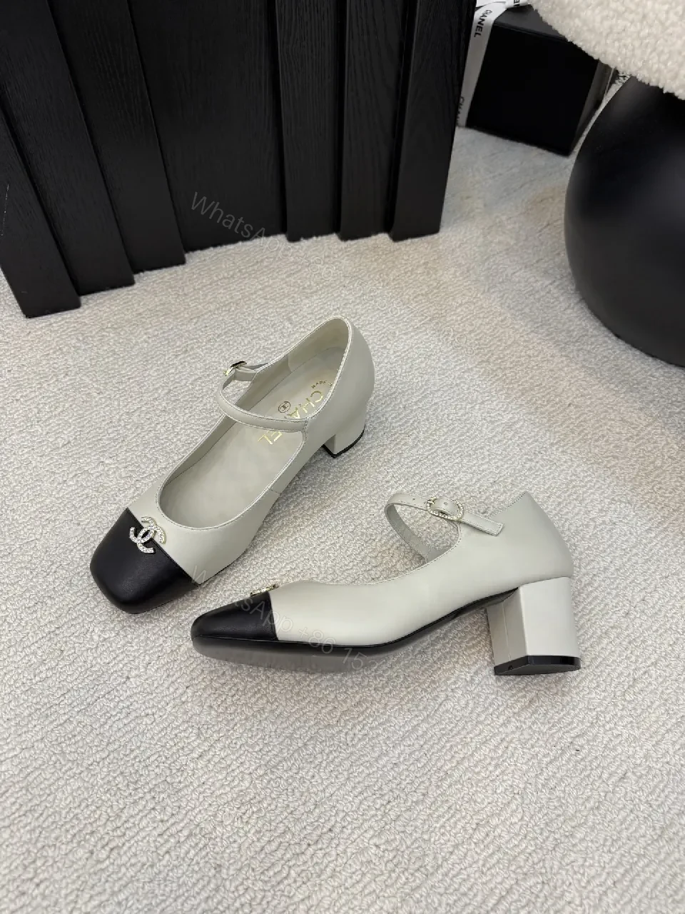 View 4 of Ivory/Black Two-Tone Pumps with Ankle Strap, Classic-Edge Style