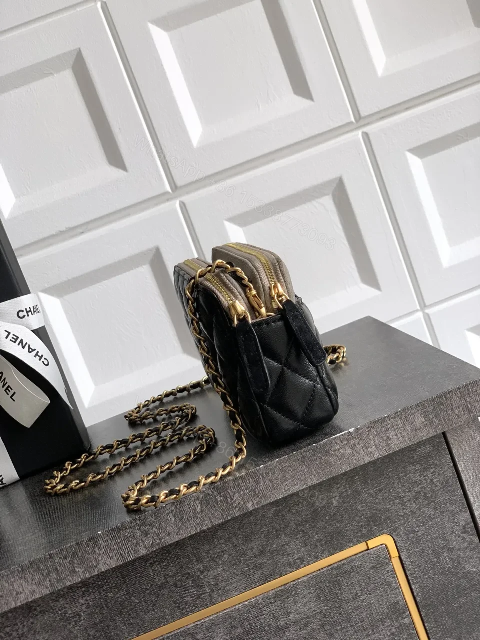 View 5 of Quilted Leather Shoulder Bag: Gold Emblem, Two-Tone