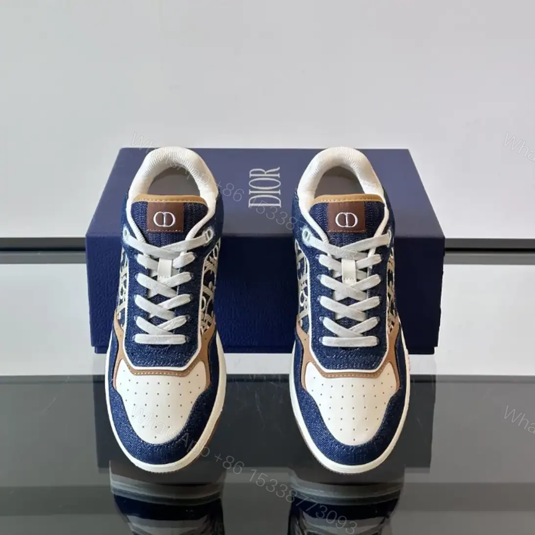 View 5 of DIOR B27 UPTOWN SNEAKERS BLUE DENIM WITH BEIGE AND COGNAC SMOOTH CALFSKIN – CD216