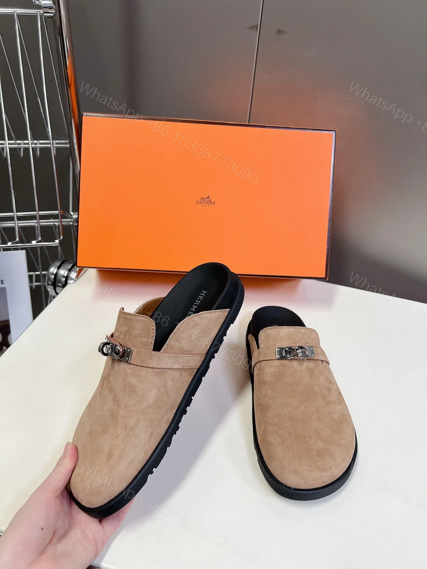 View 3 of Hermes Women Beige Suede Leather Slippers